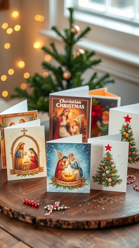 An array of Christian Christmas cards with nativity scenes, angels, and Christmas trees on a wooden table with festive decorations.